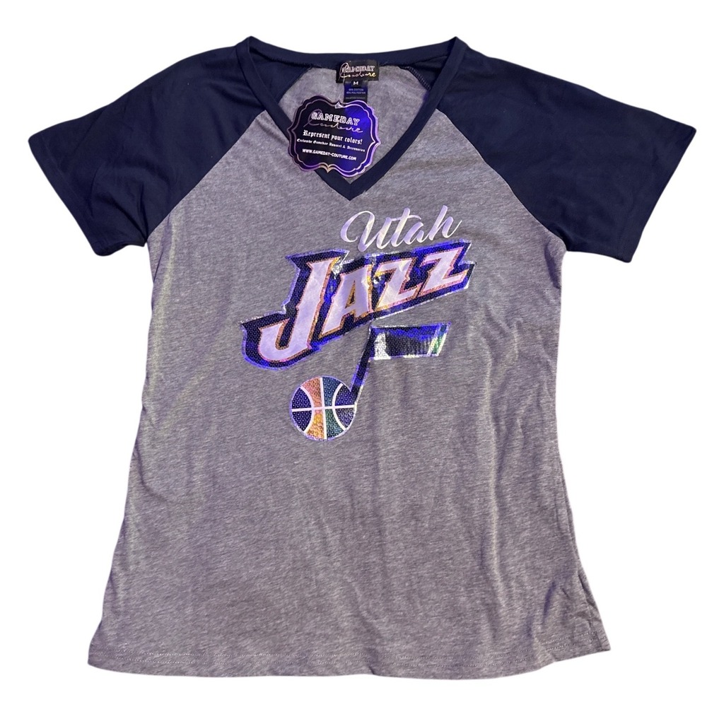 NEW Gameday Couture Utah Jazz NBA Sequin Bling Raglan V Neck Shirt Women's M